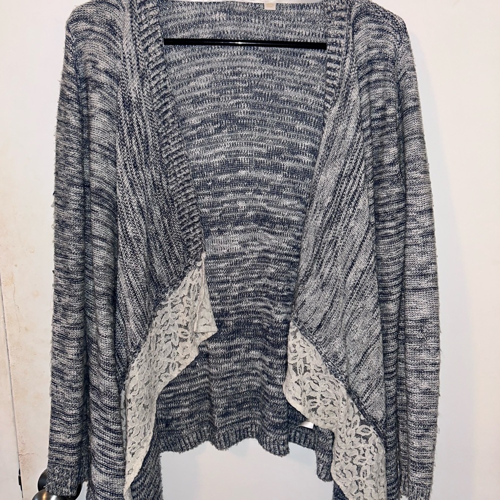 Women's Blue Open-Front Sweater with Lace Trim